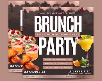 Brunch Flyer Vorlage, Sonntagsbrunch Flyer, DIY Brunch Einladung, Business Webinar Flyer, bearbeitbare Canva Vorlagen, Mimosas Brunch Flyer