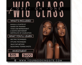 Plantilla de volante de clase de peluca editable, Folleto de curso de formación de peluca, Diseño de plantilla de volante de clase magistral de belleza, Plantilla de Canva DIY para curso de cabello