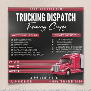 Pode incluir: Um cartaz vermelho e preto anunciando um curso de treinamento de despacho de caminhões. O cartaz inclui um caminhão semi-reboque vermelho, o texto "Trucking Dispatch Training Course" e uma lista do que você aprenderá e o que está incluído no curso.