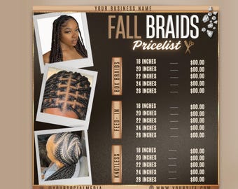 Braid Pricelist Flyer Template, Braiding Hair Pricing Guide, Fall Hair Stylist Social Media Editable Canva Price List, Braiding Hair Prices,