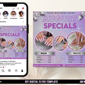 May include: A digital flyer template for a nail salon advertising August specials. The flyer features a purple and pink background with a glittery effect. The text "August Specials" is in large, white letters. The flyer also includes images of different nail designs and a price list for various nail services.