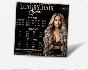 Hair Price List Flyer, Premade Wig Pricelist, Bundles Pricing List, DIY Social Media Instagram Book Now Beauty Hair Boutique Canva Template