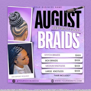 August Braids Special Flyer, Braid Bookings Flyer, DIY Braid Flyer Template, Canva Sale Braid Flyer, Purple Book Now Instagram Braid Flyer