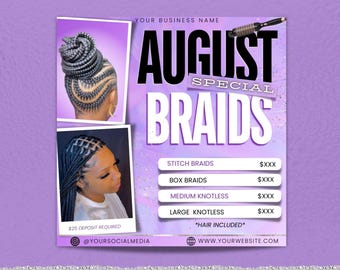 August Braids Special Flyer, Braid Bookings Flyer, DIY Braid Flyer Template, Canva Sale Braid Flyer, Purple Book Now Instagram Braid Flyer