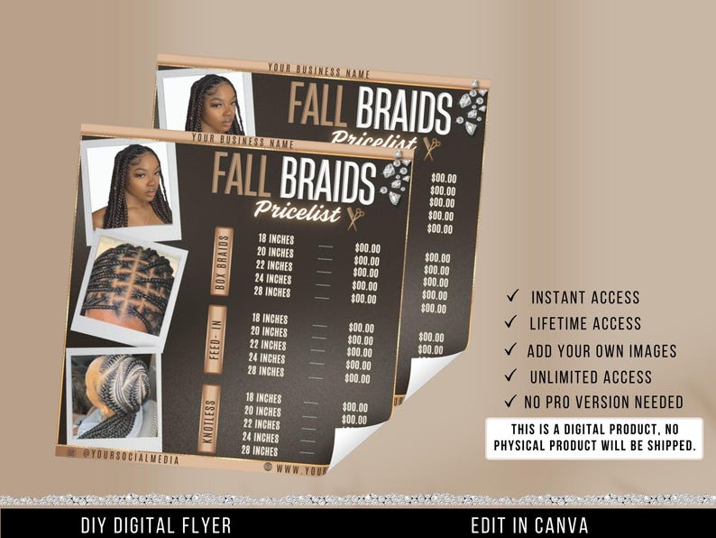 Braid Pricelist Flyer Template, Braiding Hair Pricing Guide, Fall Hair ...