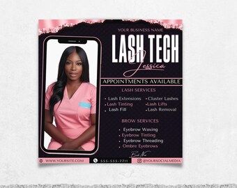 Può includere: Un volantino nero e rosa con il testo "Lash Tech Jessica" e le parole "Appuntamenti disponibili". Il volantino elenca i servizi di ciglia e sopracciglia offerti, tra cui extension ciglia, tinta ciglia, riempimento ciglia, ciglia a grappolo, lifting ciglia, rimozione ciglia, ceretta sopracciglia, tinta sopracciglia, threading sopracciglia e sopracciglia ombré. Il volantino include anche un indirizzo del sito web, un numero di telefono e un identificativo dei social media.