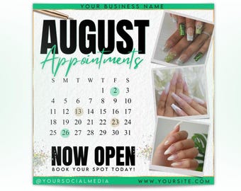 August Nail Booking Flyer, Nail Appointments Available Flyer Template, Nail Tech Flyer, Nails Bookings Flyer, Green August Books Open Flyer