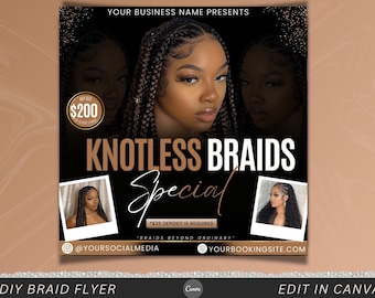 Zöpfe Flyer, Knotless Braid Sale Flyer, Zöpfe Spezieller Buchungsflyer, DIY Flyer Vorlage, Sommer Braid Flyer, HairStylist Braiding Flyer