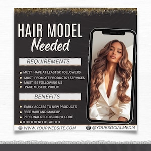 Hair Models Wanted Flyer, Model Search Flyer, Hairstylist Nail Tech Makeup Promo, DIY Brand Ambassador Flyer Template, Content Creator Flyer