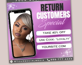 Return Customers Special Flyer Template, Editable Makeup Client Appreciation Flyer, VIP Customer Discount Flyer, Purple Beauty Salon Flyer