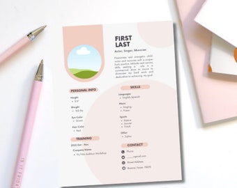 May include: A pink and white resume template with a cloud and hills illustration. The resume includes sections for personal information, skills, training, and contact information. The text on the resume reads "First Last", "Actor, Singer, Musician", "Personal Info", "Skills", "Training", "Company Name", "Contact", "Phone", "Email", "Street Address", "Austin, Texas 78705".