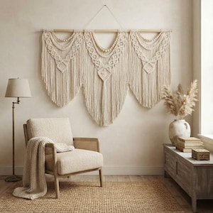 Puede incluir: Un gran tapiz de macramé color crema suspendido de una vara de madera, con intrincados patrones de nudos, flecos largos y cuentas de madera dispuestas en tres secciones distintas con un diseño simétrico y superpuesto en la pared.