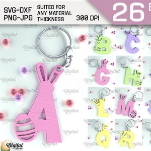 Paquete de llaveros con alfabeto de Pascua, etiquetas de letras personalizadas de Pascua, etiquetas de regalo personalizadas cortadas con láser, adornos de Pascua svg, letras de la a a la z svg