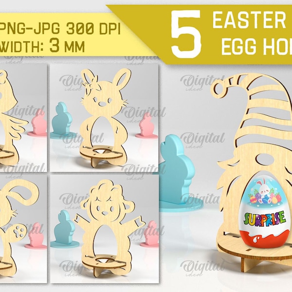 Paquete de soportes para huevos individuales de Pascua 3D, soporte para huevos de Pascua 3D cortado con láser, soporte para huevos de conejito de Pascua SVG, lindo soporte para huevos kinder grabado svg