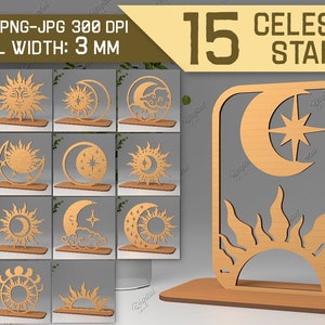 3D hemelse stands SVG bundel, Home decor, hemelse decoratie laser gesneden, staande zon en maan ontwerpen, Boho SVG, plank sitter SVG