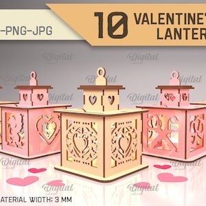 May include: Ten Valentine's Day lanterns made of wood with intricate cut-out designs. The lanterns are in various shades of pink and beige. The lanterns are 3 mm thick and are suitable for laser cutting.