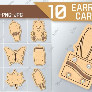Paquete de corte láser de soportes de pendientes, tarjeta de exhibición de pendientes, embalaje de joyería, etiquetas de pendientes cortadas con láser, tarjeta de joyería colgante, regalo de pendiente svg