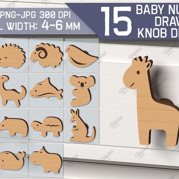 Baby nursery drawer knobs laser cut bundle, 3D dresser animal handles, wooden button, baby room, cabinet pulls for kids, furniture knob svg