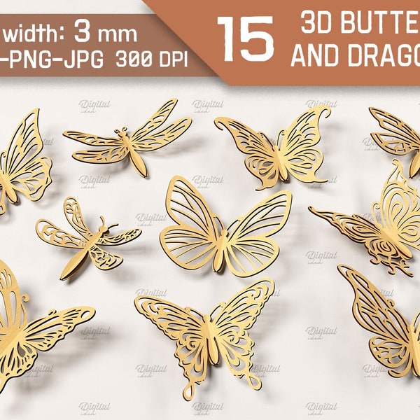 Lot 3D papillons et libellules, papillon 3D découpé au laser, libellule phosphorescente, papillon entrelacé en bois, décoration d'intérieur, jouet pour enfants svg