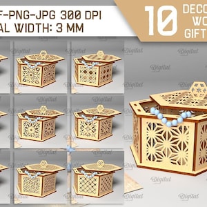 Lot de boîtes décoratives en bois découpées au laser, modèle de boîte 3D svg, boîte de rangement, boîte à bijoux, boîte cadeau, découpe laser 3D, motif décoratif svg