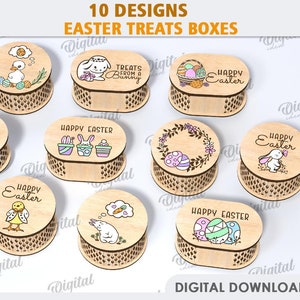 Lot de boîtes de friandises de Pâques 3D, boîte porte-bonbons de Pâques découpée au laser, boîte de rangement en bois, citations de Pâques svg, boîte cadeau ronde, boîte décorative