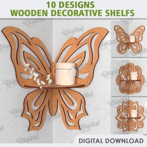 May include: Ten designs for wooden decorative shelves, each with a different design, including a butterfly, a flower, and a mandala. The shelves are 3 mm thick and are available for digital download.