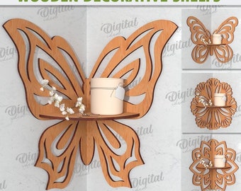 Decorative Shelves bundle, wooden corner shelf laser cut, Floral wall bookshelf, Butterfly wall rack template, plant shelf with pattern