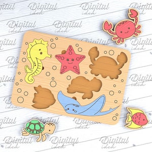 Wooden sea animals puzzle, 3D laser cut puzzle SVG, kids puzzles, montessori puzzle, baby puzzle, childrens game svg, shape puzzle