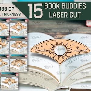 Peut inclure: Une collection de 15 modèles de marque-pages en bois découpés au laser avec diverses formes et textes gravés tels que Reading is magical, Wild about books et It's book o'clock. Ces fichiers numériques sont fournis en formats SVG, DXF, PNG et JPG.
