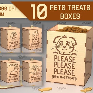 May include: Ten digital cut files for pet treat boxes. Each box features a different design with a cute animal and a funny saying. The designs include "Will Do Tricks for Treats", "Yes! You Can Give Me Treats", "Treats Welcome", "I Like Big Bones and I Cannot Lie", "Just Here for the Treats", "Feed Me and Tell Me I'm Pretty", "Your Lack of Treats is Upsetting", "Will Sit for Snacks", and "Please Please Please Give Me Treats".