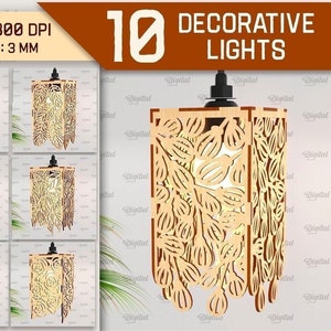 May include: Ten decorative light designs with intricate floral patterns. The lights are made of wood and have a 3 mm thickness. The designs are suitable for laser cutting and are available in SVG, DXF, PNG, and JPG formats.