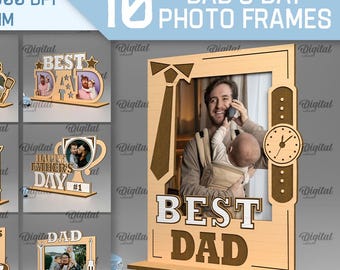 May include: Ten digital photo frame designs for Father's Day. The frames feature various designs with the words "Super Dad", "Grill Master Dad", "Best Dad", "Happy Father's Day", and "#1 for Me".