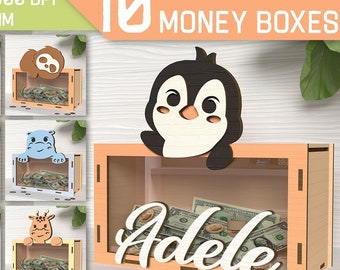 3D Cute animal piggy banks bundle, money bank box laser cut, money holders, saving box, cash box, personalized money box, kids laser cut