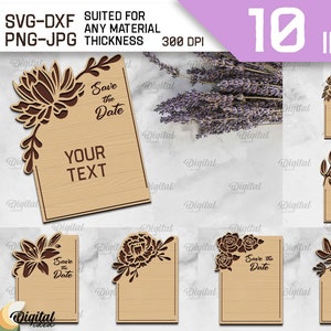 Pacchetto di inviti di nozze in legno, biglietti di nozze 3D tagliati al laser, nomi personalizzati, inviti di nozze floreali personalizzati in formato svg, inviti di nozze laser