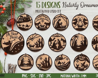 May include: Fifteen laser-cut Nativity ornament designs, each with a different scene from the Christmas story. The ornaments are made of wood and are 3 mm thick. The designs include a stable, a manger, angels, shepherds, and the three wise men. The text "Oh Holy Night" is featured on one of the ornaments.