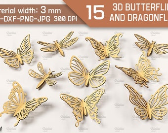 Lot 3D papillons et libellules, papillon 3D découpé au laser, libellule phosphorescente, papillon entrelacé en bois, décoration d'intérieur, jouet pour enfants svg