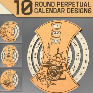 Round perpetual calendar bundle, 3D calendar lasercut, eternal calendar glowforge, wooden calendar, boho engravings, landscape SVG laser cut