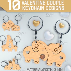Valentine&#39;s Day couple keychains bundle, matching keychains lasercut, anniversary gift, interlocking key ring laser cut, cute animals svg