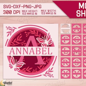 Paquete de alfabeto con monograma dividido en caja de sombra, corte de papel con caja de sombra floral 3D, svg de mariposa, 26 letras, nombres personalizados, svg en capas personalizado