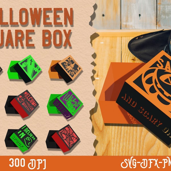 Halloween Square Box Bundle, Halloween favor box papercut, Halloween treat box, Halloween goodie box template, Happy Halloween