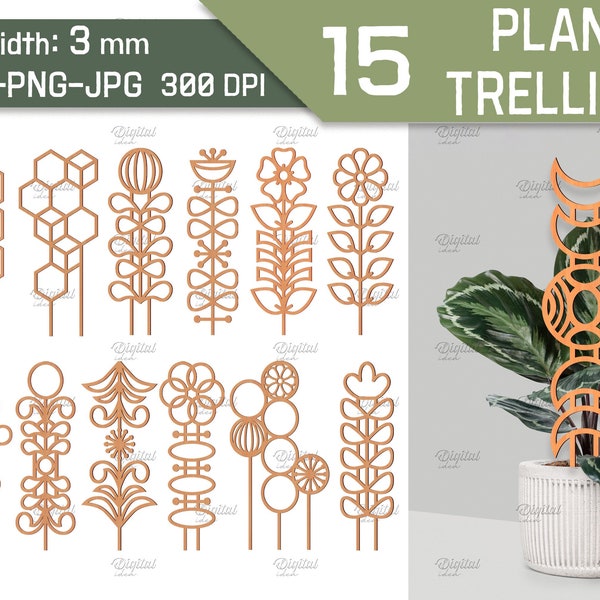 Lot de treillis végétal découpé au laser, piquets de fleurs svg, svg marqueur plante, piquet de jardin, support de plante en bois, piquets de plante d'intérieur bohème, amoureux des plantes