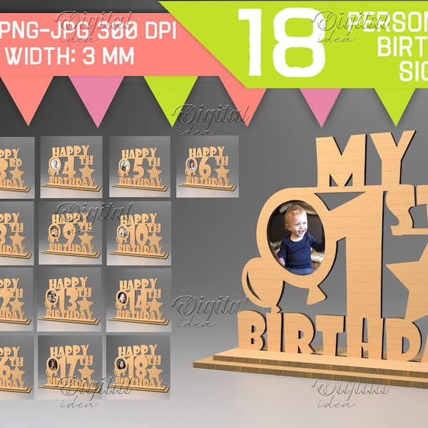 Personalized Birthday sign lasercut bundle, from 1 year to 18, 3D happy birthday laser sign, custom laser cut sign, Bday photo frame sign