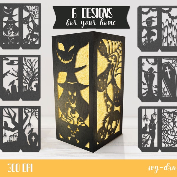 Halloween papercut lantern bundle, Spooky Halloween lantern template, 3D Halloween light SVG