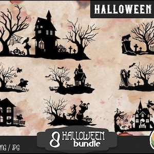 Halloween scene SVG bundle, Halloween wall art SVG, Halloween silhouette scenes, Halloween laser cut, Spooky scenes papercut