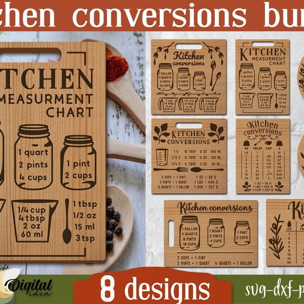 Lot de conversions de cuisine SVG, planches à découper découpées au laser, dessins de cuisine, planche de charcuterie, tableau de mesures litchem, lot de cuisine svg