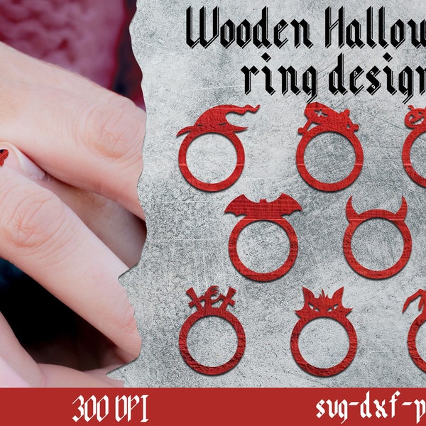 Wooden 3D Halloween ring designs, Lasercut spooky ring, Halloween jewelry, Wooden ring templates, Scary Halloween ring designs