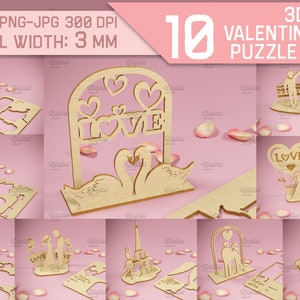 Paquete de tarjetas de felicitación cortadas con láser del día de San Valentín, tarjeta de rompecabezas 3D, regalo de San Valentín personalizado, soporte de tarjeta de amor Lasercut, amantes, tarjeta de madera