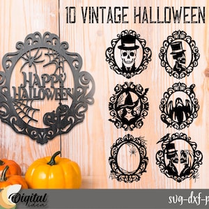 May include: Ten black and white vintage Halloween frames with various designs, including a spiderweb, a ghost, a witch, a skull, and a pumpkin. The frames are 300 DPI and are available in SVG, DXF, PNG, and JPG formats. The text "Happy Halloween" is written in a decorative font on one of the frames.