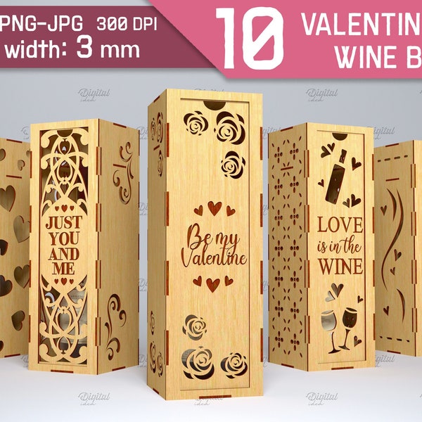 Paquete de cajas de vino del día de San Valentín 3D, caja de botella de vino cortada con láser, caja de vino de madera, amor svg, citas y refranes de San Valentín, caja de vino de boda