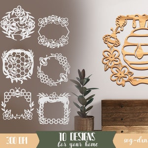 May include: A set of 10 digital cut files featuring bee and honeycomb designs. The designs include frames, a honeycomb, and a beehive. The files are available in SVG, DXF, PNG, and JPG formats. 300 DPI.